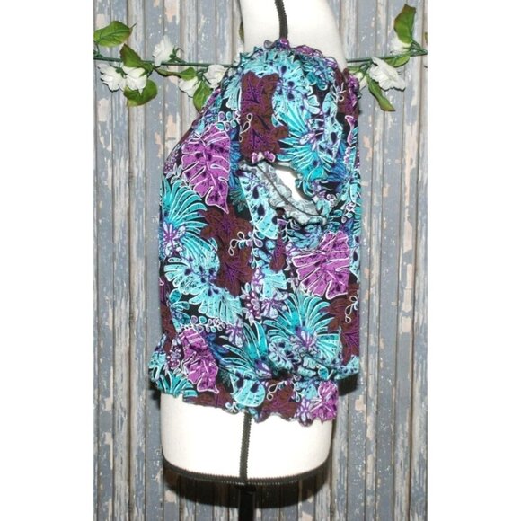 Lori Michaels Colorful Palm Print Top Blouse Size S Crop Short Sleeve Elastic Wa - Picture 6 of 10